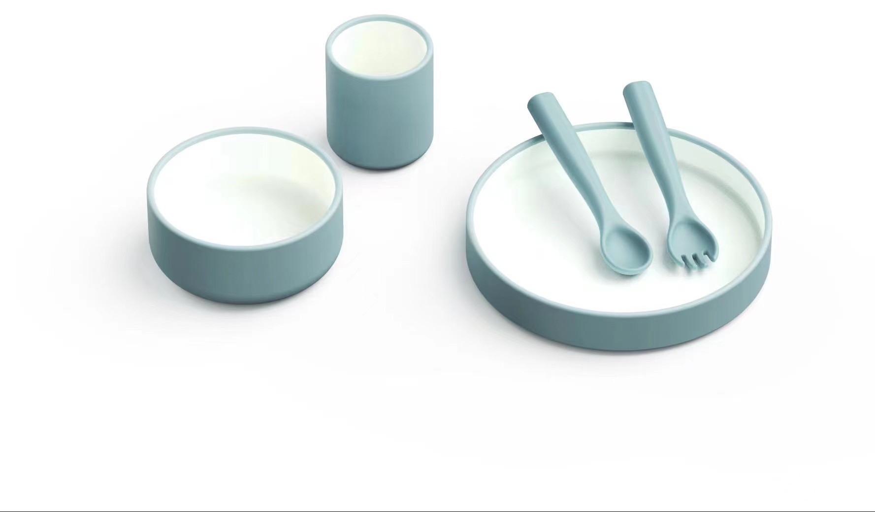 Dernière affaire concernant Ensembles de alimentation de double de couleur bébé de silicone comprenant les couverts et la tasse de cuvette de silicone de plat de silicone