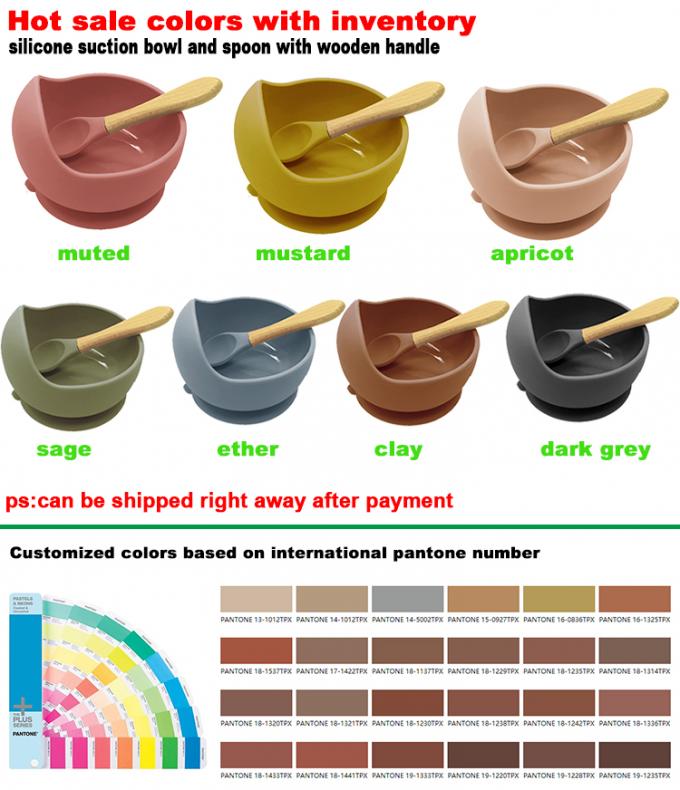 100% cuvettes mignonnes infantiles libres de bébé d'aspiration de silicone de la catégorie comestible BPA avec la cuillère en bois