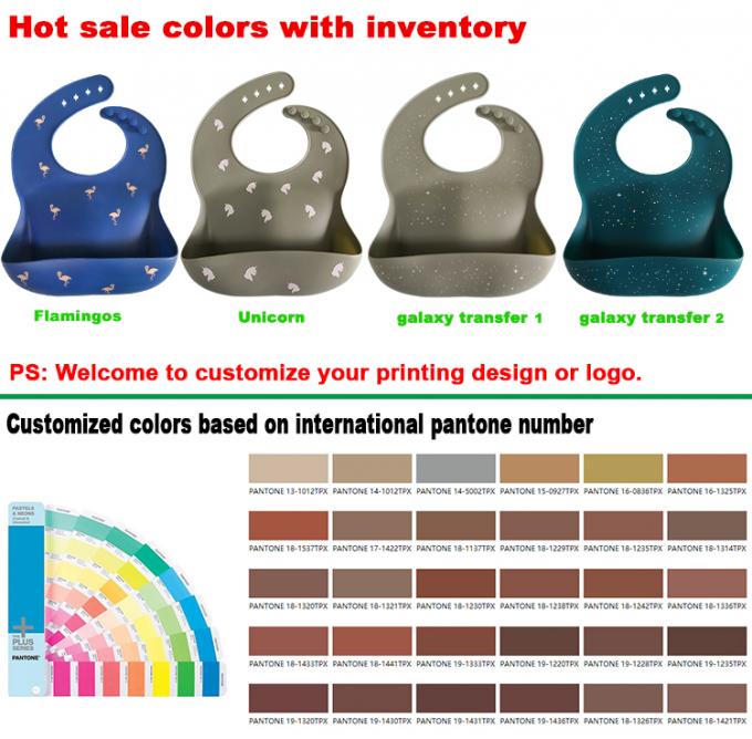 Bavoirs de impression faits sur commande de bébé de silicone avec le receveur s'ouvrant de nourriture