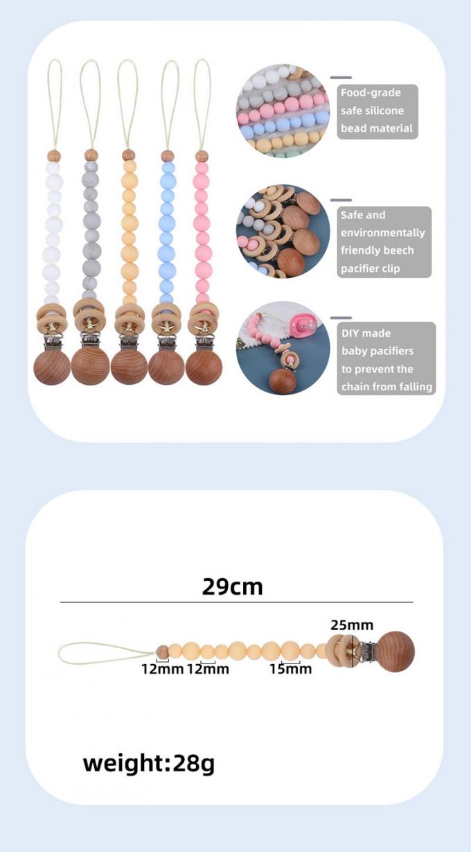Prévention factice de chaîne de tétine de bébé de bébé de perle en bois qui respecte l'environnement en gros de silicone avec l'anneau en bois