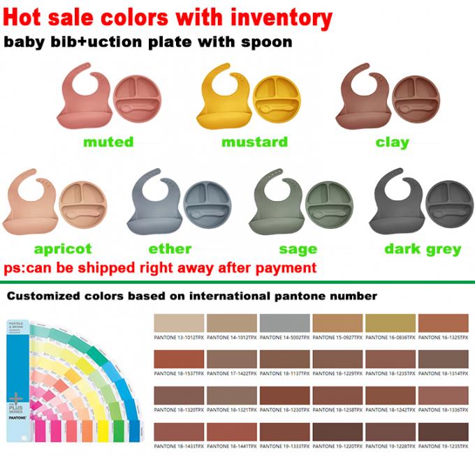 Plat d'aspiration de bébé fait sur commande de silicone, bavoir de silicone et cuillère divisés par ensemble de alimentation pour des enfants en bas âge