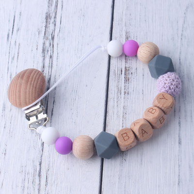 Crochet Silicone Wooden Soother ClipsSilicone Bead Pacifier Clip 30*3*2cm