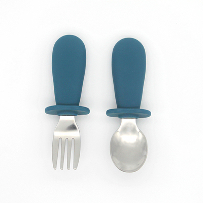 Laser LOGO Silicone Baby Cutlery OEM Teal Color 316 Stainless Steel